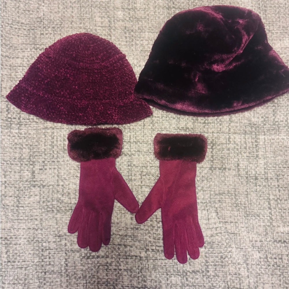 Plum Faux Fur Hat & Gloves + Knit Bucket Hat